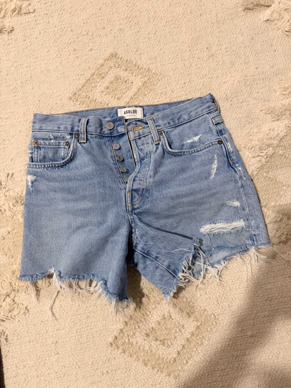 Agolde Light Blue Distressed High-Rise Denim Cutoff Shorts